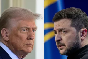 Portraits de Donald Trump et Volodymyr Zelensky lors d'une rencontre diplomatique